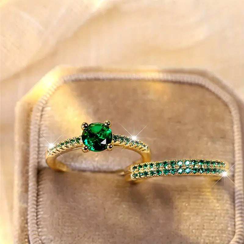 Esmeralda Grönt Glittrande Ringset