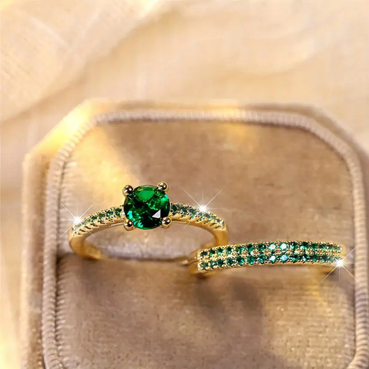 Esmeralda Grönt Glittrande Ringset