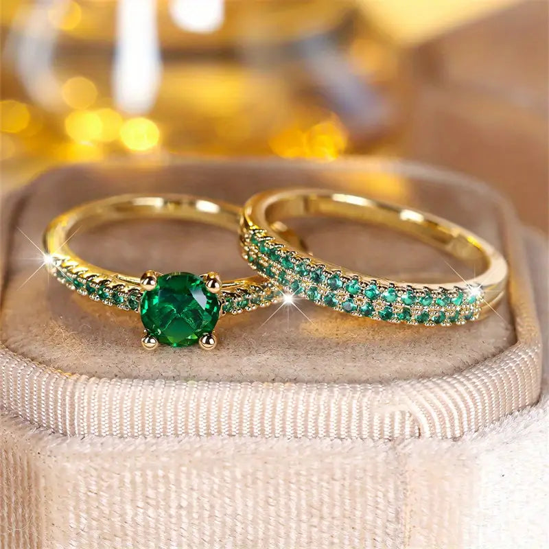 Esmeralda Grönt Glittrande Ringset