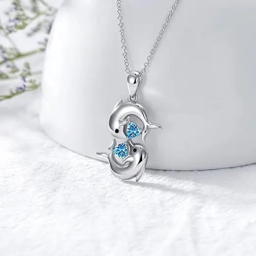 Silverhalsband med Dubbla Delfiner och Blå Kristaller