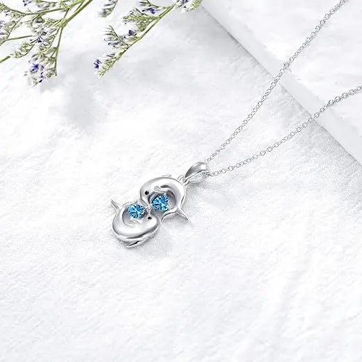 Silverhalsband med Dubbla Delfiner och Blå Kristaller